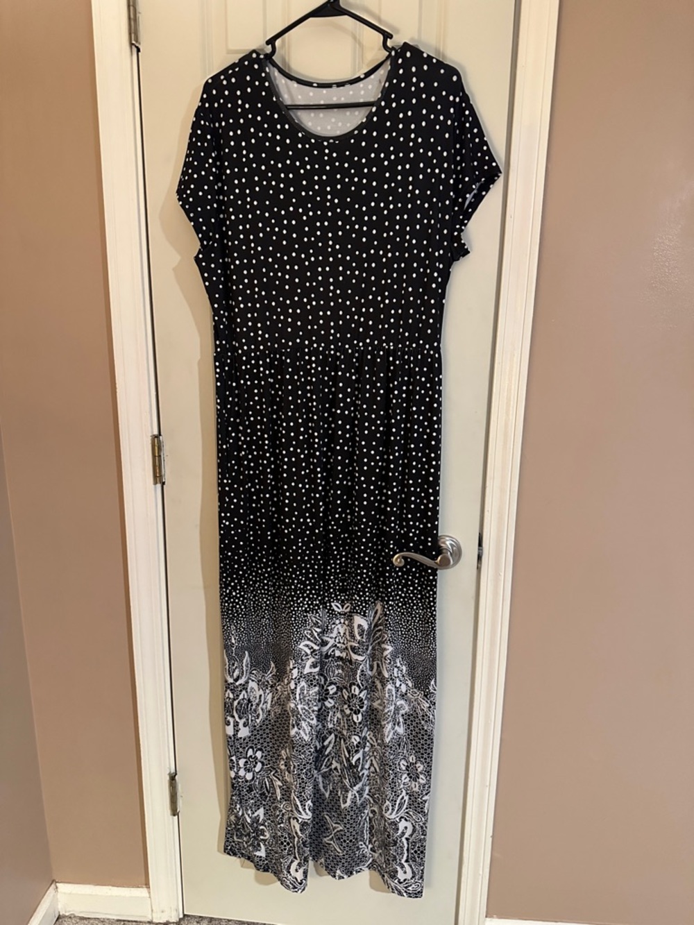 Women’s Black & White Polka Dot Maxi Dress with Floral Hem